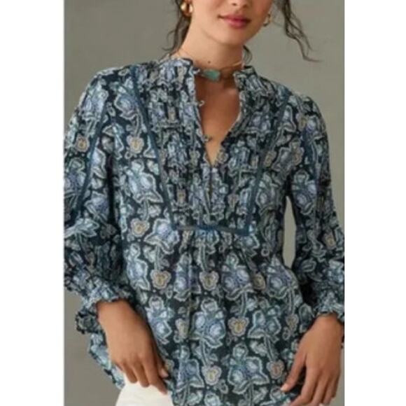 Anthropologie Tops - Anthropologie Floral Cotton Peasant Blouse Small Blue/Green